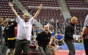 Hamburg's Coaching Staff Reacts to Cody Miller's Match Winning Pin at 182 lbs.