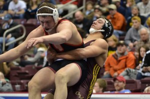 #2 Jan Johnson (Governor Mifflin) returns #1 Tom Sleigh (DuBois Area) to the mat. Johnson won the bout (4-3).