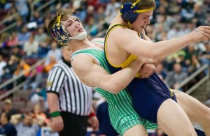 South Fayette's Mike Carr lifts Tyler Vath in the PIAA State Finals at 138 lbs.